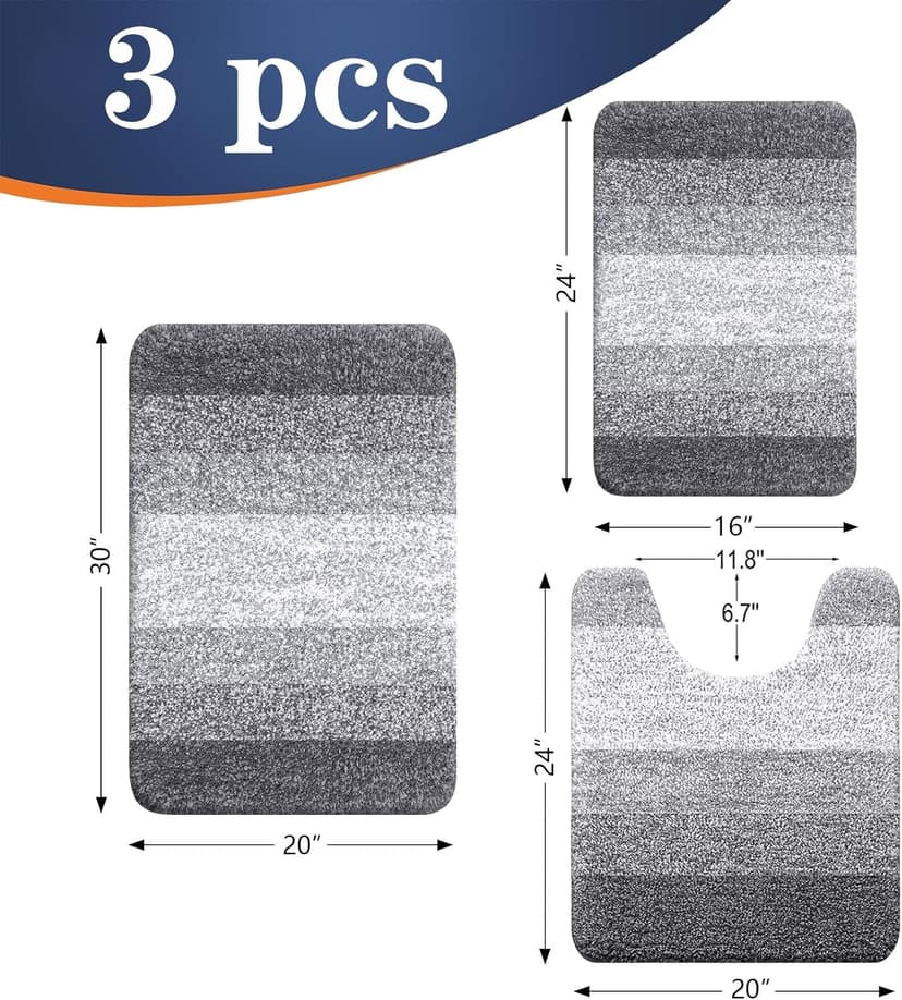 OLANLY Bathroom Rugs Sets 3 Piece, Soft Absorbent Microfiber Bath Mats and U-Shaped Contour Toilet Rug, Plush Shaggy Bath Mat Set for Bathroom (30"x20"+24"x16"+24"x20", Grey)