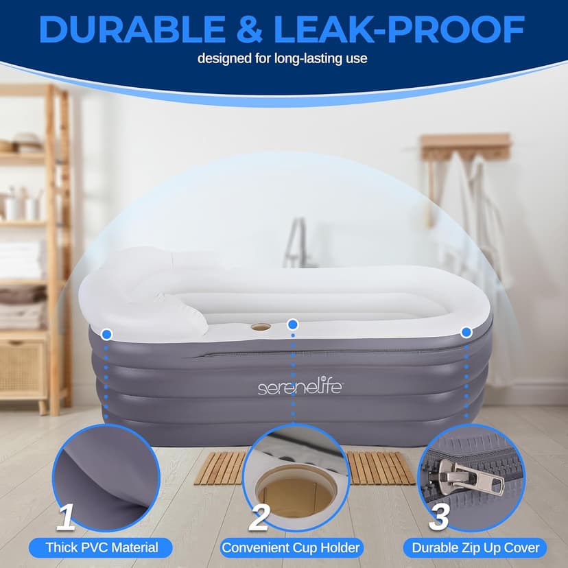 SereneLife Spa Bathtub with Bubble Massage Mat – Inflatable Bathtub with Pillow, Cup Holder, Remote Control for LED Lighting, Backrest and Armrests, Supporting Up To 190 lbs. 66" x 30" x 26"