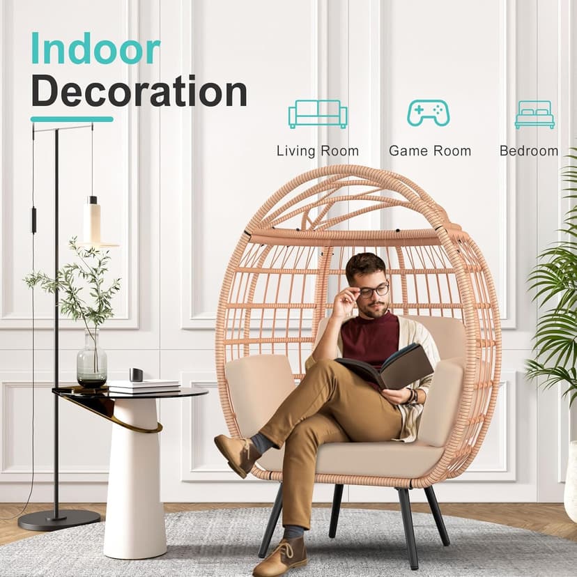 ZENPETIO Oversized Egg Chair, Indoor Outdoor Lounger with 4 UV Resistant Cushions, Storage Bag, All-Weather Wicker Egg Lounger Chair for Patio, Backyard, Living Room, 370lbs Capacity - Brown