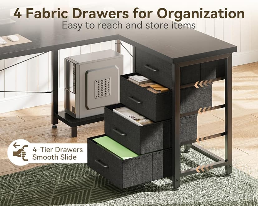 AODK L Shaped Gaming Desk with 4 Drawers, 61" Reversible Home Office Desks with Power Outlets, L Shaped Computer Desk with USB Charging Port and Host Stand, Corner Desk, Easy to Assemble, Black