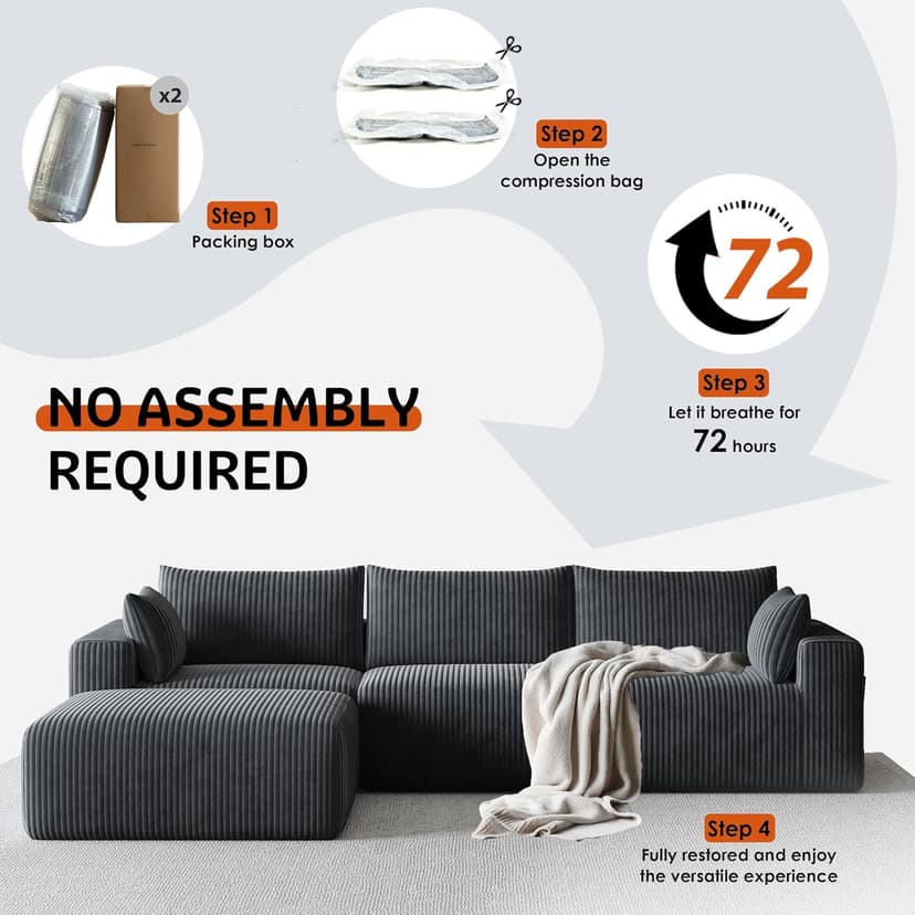 110”Modern Modular L-Shape Couch with Chaise, Modular Sectional Couches for Living Room, Deep Seat Boneless Sofa Bed, No Assembly Required Sleeper Sofa, Plush Corduroy Fabric, Dark Gray