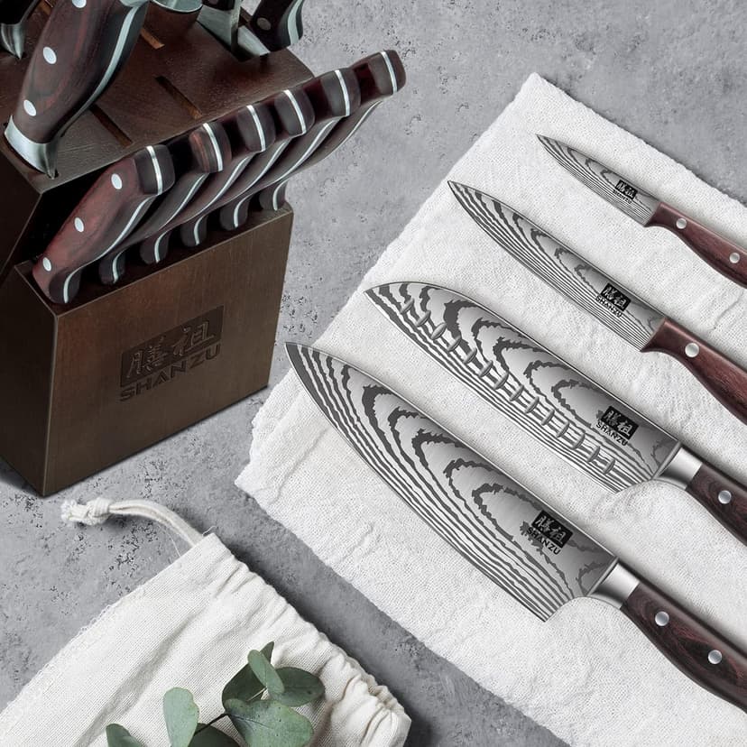 SHAN ZU Knife Set 16 pcs, Japanese Kitchen Knife with Block High Carbon Stainless Steel Ultra Sharp Knife for Kitchen, Professional Chef Knife Set with Sharpener