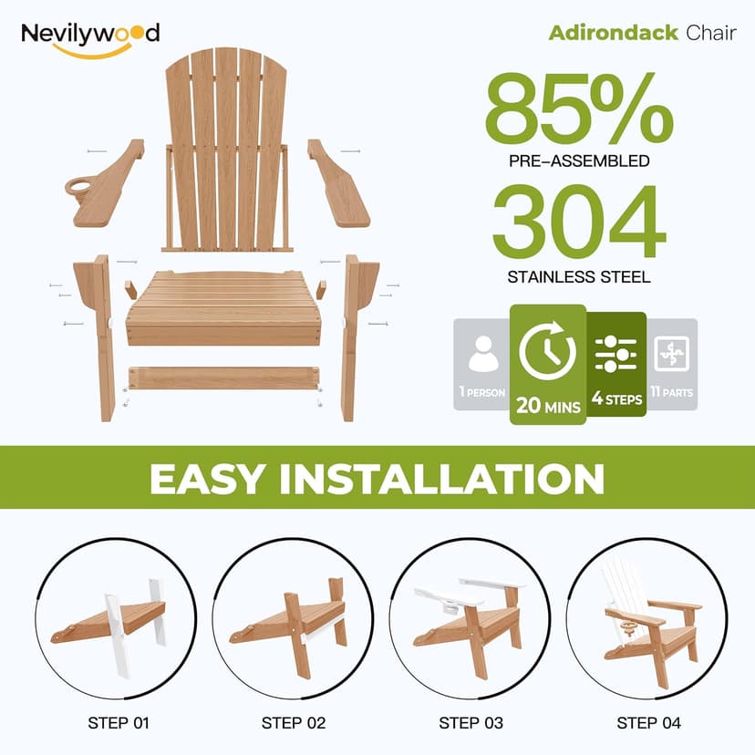 nevilywood Folding Adirondack Chair - Extended Ergonomic Backrest, Cup Holder - Easy Assembly - Durable HDPE Plastic, Weather Resistant & Maintenance-Free - Lawn, Patio, Deck Supports 400lbs Teak