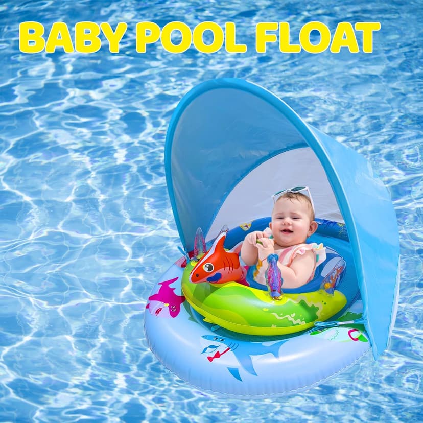 Inflatable Baby Pool Float with UPF50+ Sun Protection Canopy, Adjustable Safety Seat & Interactive Toy Play Console - Includes Ocean Animal Toys for Infants & Toddlers 3-36 Months