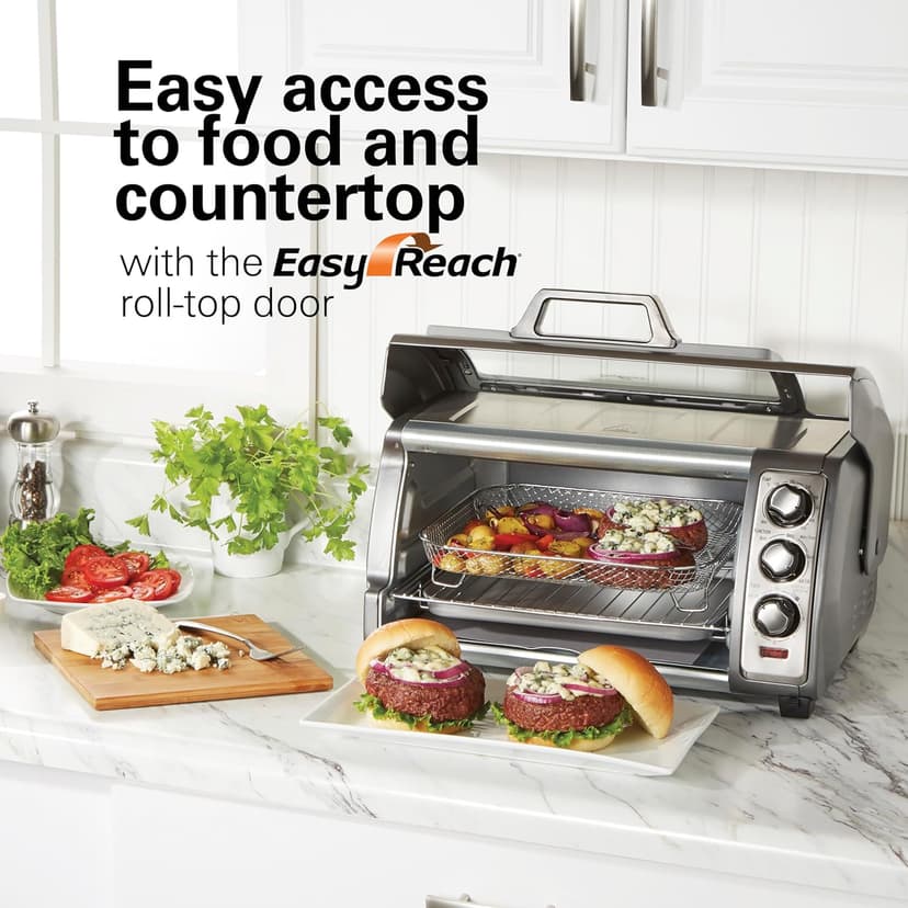 Hamilton Beach Air Fryer Toaster Oven Combo with Large Capacity, Fits 6 Slices or 12” Pizza, 4 Cooking Functions for Convection, Bake, Broil, Roll-Top Door, Easy Reach Sure-Crisp, Stainless Steel