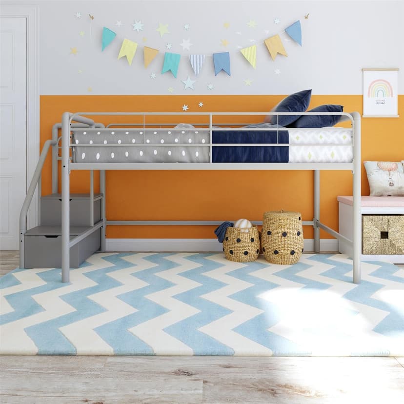DHP Junior Twin Metal Loft Bed with Storage Steps, Multifunctional Space-Saving Solution - Silver with Gray Steps