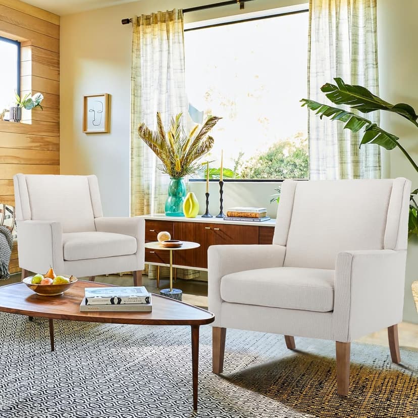 COLAMY Modern Wingback Living Room Chair Set of 2, Upholstered Fabric Accent Armchair, Single Sofa Chair with Lounge Seat and Wood Legs for Bedroom/Office/Reading Spaces, Beige