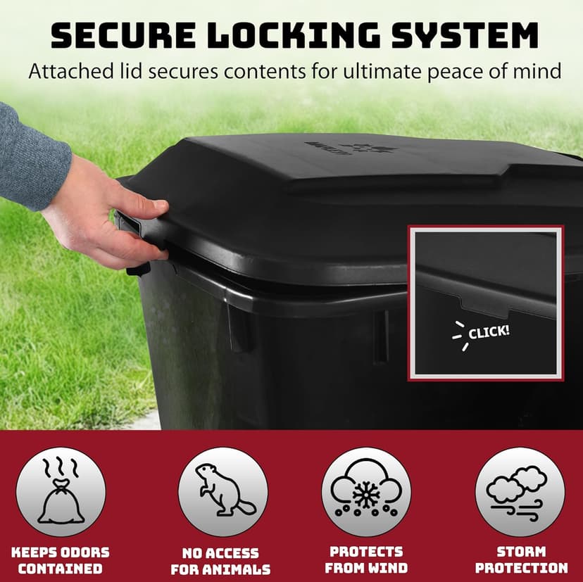 Trash Can With Lid - Ultimate Strength 32 Gallon Wheeled Garbage Can Trash Container - Professional Grade Outdoor Waste Bin with Secure Snap Lid and Ergonomic Handles, Outdoor Recycling Bins, 2 Pack