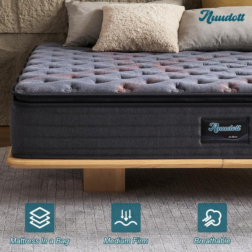 Queen Mattress 12 Inch Pillow Top Hybrid, Medium Firm Pocket Springs, Pressure Relief, Mattress in a Bag for Bedroom, Guest Room