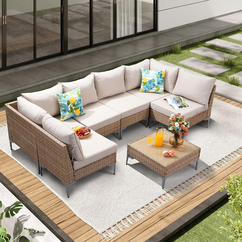 7 Piece Wicker Patio Furniture Set,Outdoor Conversation Sectional Sofa w/Coffee Table,All-Weather Outdoor Sofa with Thick and Anti-Slip Cushions for Deck,Poolside,Garden,Beige