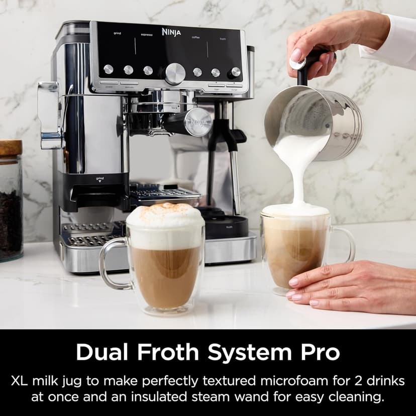 Ninja Luxe Café Pro Series, Espresso Machine, Drip Coffee, Cold Brew, Hot Water, Integrated Tamper, Built-in Grinder, Hands-Free Frother for Cappuccinos, Lattes, Americanos, Dairy or Non-Dairy, ES701