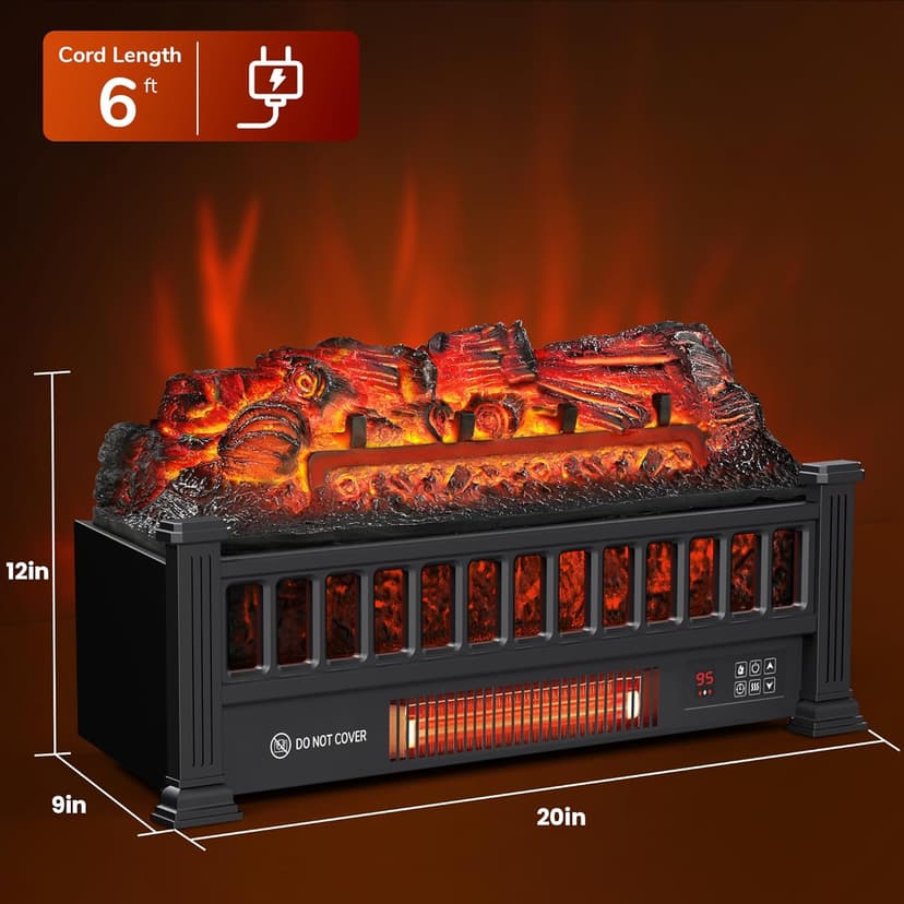 Electric Fireplace Logs 20-Inch, Remote Controller Fireplace Insert Log Heater, Adjustable Flame Colors, Realistic Fake firewood Flame, Overheat Protection, Timer, Thermostat, 1500W Black