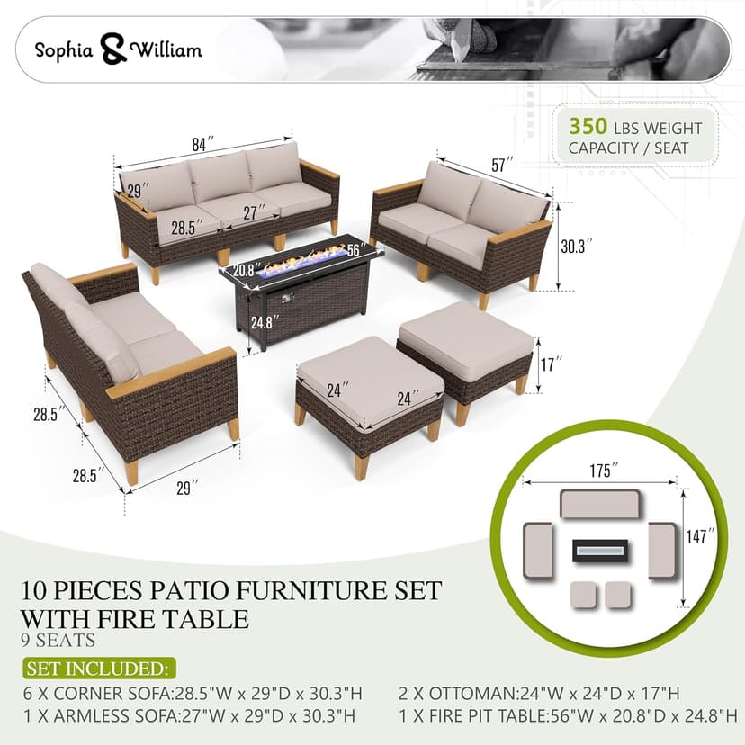 Sophia & William Patio Furniture Set with 56" Fire Pit Table, 10PCS Outdoor Wicker Sectional Conversation Set with 3-Seater Sofa, 2-Seater Couch, 2 Ottoman & FirePit Table(Beige)