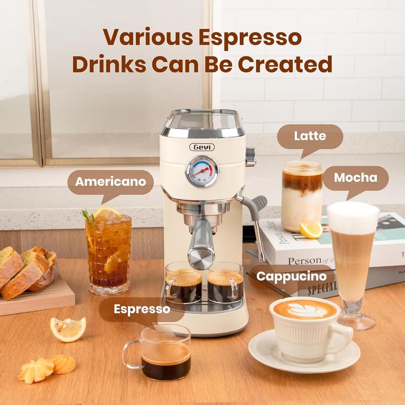 Gevi 20 Bar Espresso Coffee Machine with Burr Grinder Set | 35 Precise Grind Settings | Milk Frother for Latte Cappuccino | Professional Home Barista Kit | Gift for Coffee Lovers