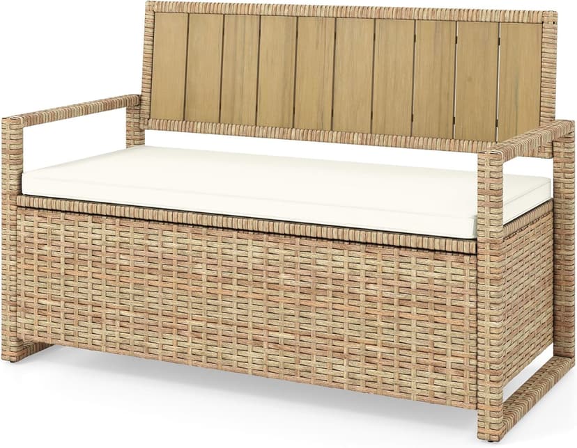 DWVO 70Gal Outdoor Storage Bench with Cushion & Composite Wood Backrest, All-Weather Wicker Deck Bench with Rustproof Bag, Poolside, Patio, Garden (Sand Beige)
