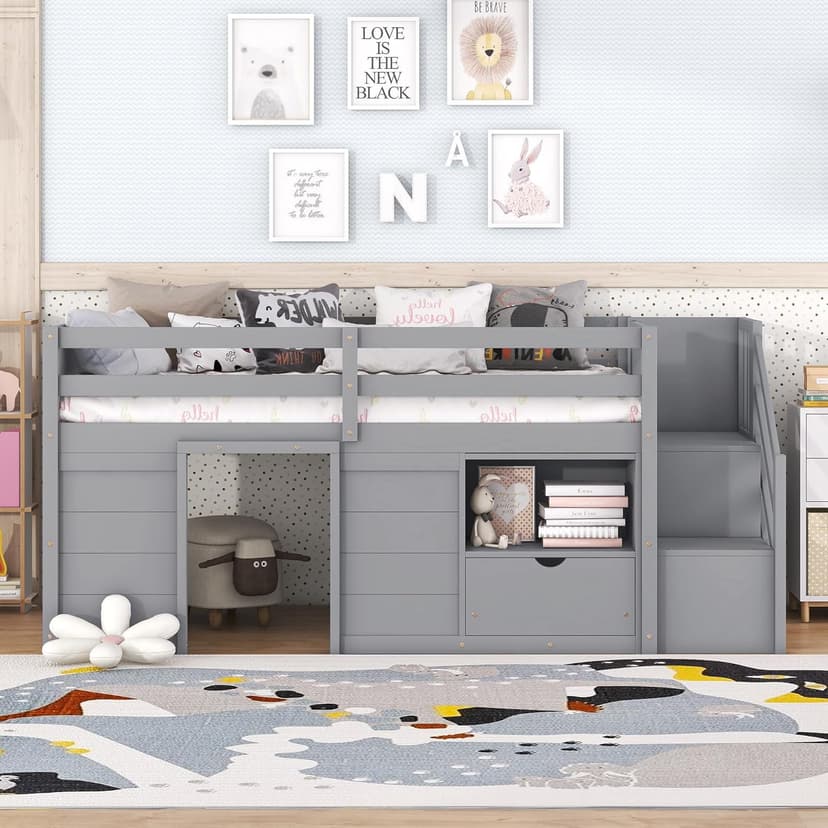Bellemave Twin Size Low loft Bed for Kids,Wood Loft Beds,Modern Farmhouse Twin loft Bed,Loft Bed with Storage, No Box Spring Needed,for Kids,Gray
