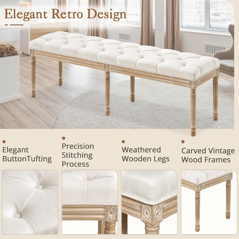 LUE BONA 60" Bedroom Bench, Vintage French Tufted End of Bed Bench, Upholstered Fabric Ottoman Bench with Carved Wood Legs for Bedroom,Dining Bench Piano Stool for Living Room,Foyer, Beige