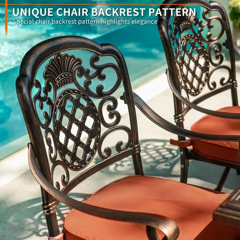 7-Piece Patio Furniture Dining Set, All-Weather Cast Aluminum Outdoor Table and Chairs for 6, Includes 4 Fixed Chairs & 2 Swivel Chair & 60’’ Rectangular Dining Table, Red