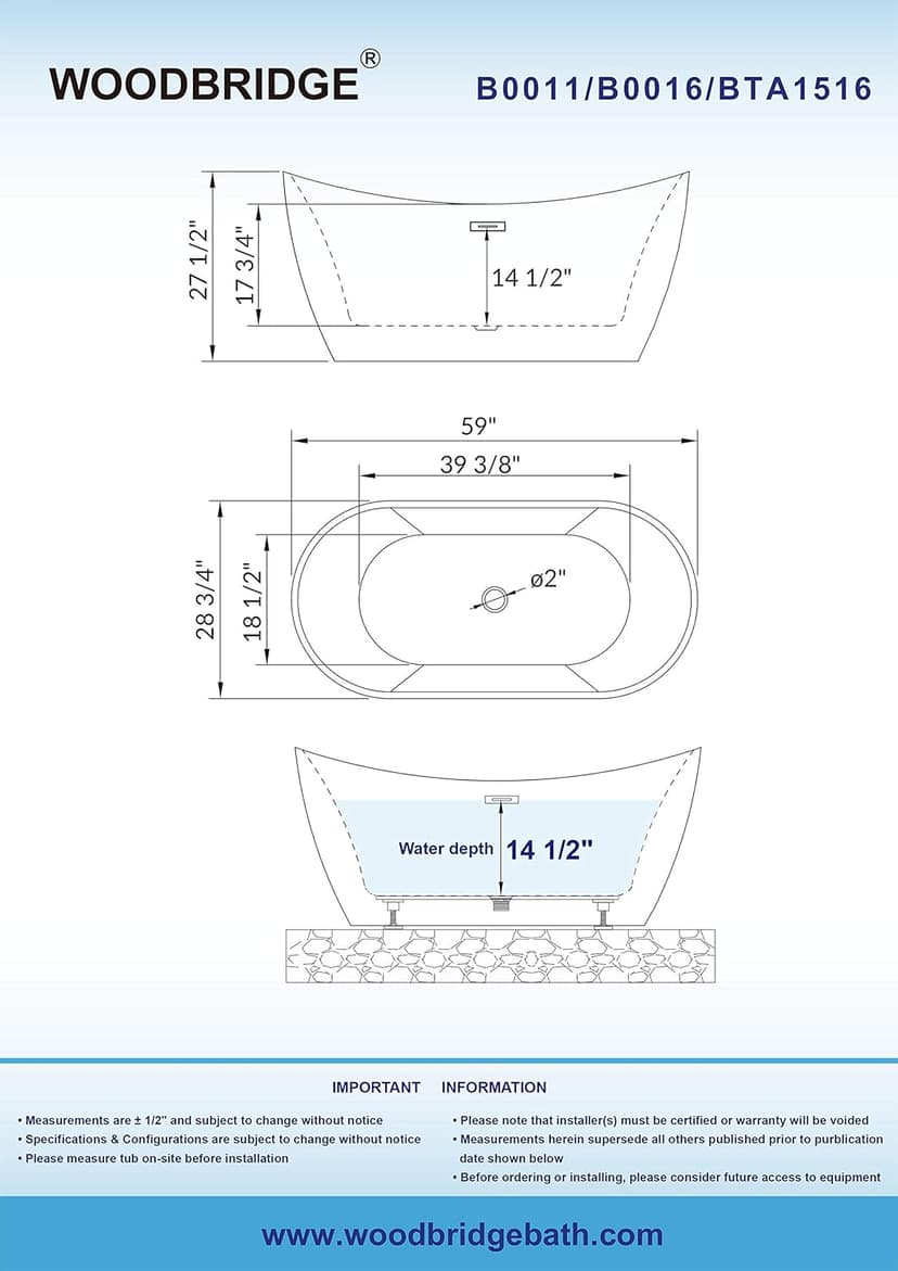 WOODBRIDGE 59" Acrylic Freestanding Bathtub Contemporary Soaking White Tub with Matte Black Overflow and Drain，B0016 -MB-Drain &O
