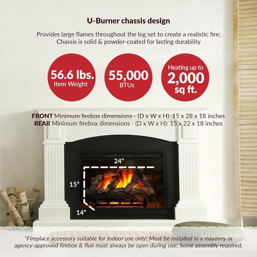 HearthSense MO24HVL Natural Gas Vented Fireplace Logs Set with Match Light, 55000 BTU, Heats up to 2000 Sq. Ft, Mountain Oak, 24 Inches