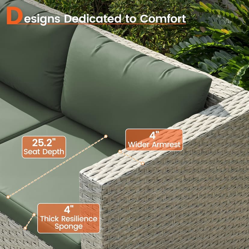 Patio Furniture Set, 7-Piece Outdoor Sectional All-Weather Wicker Patio Conversation Set for Backyard (Green Cushions with Grey Rattan)