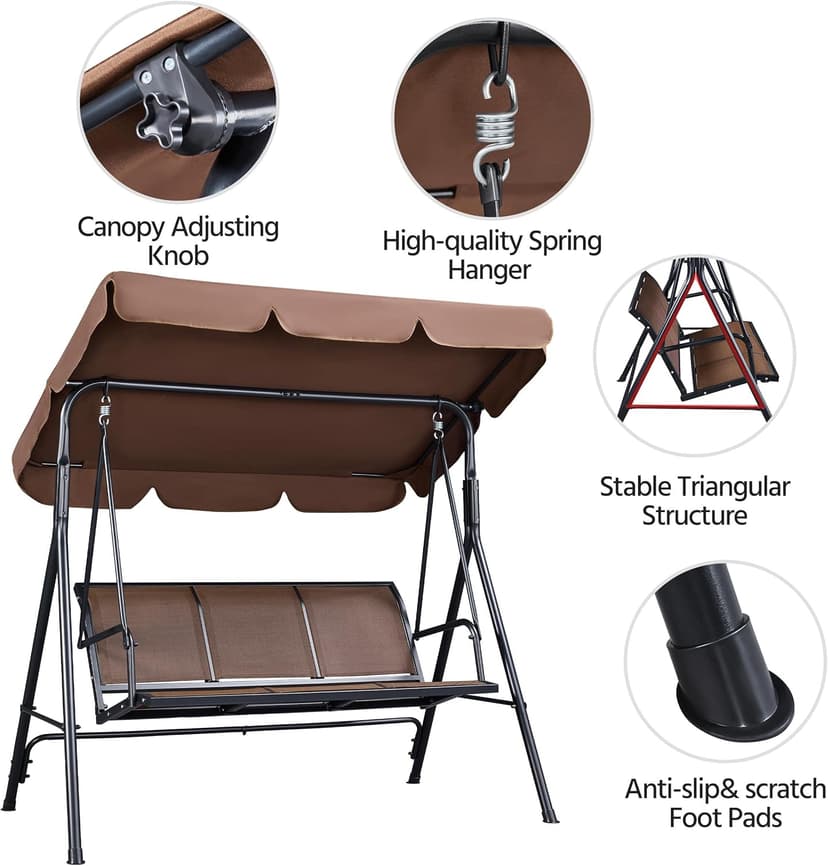 Yaheetech Outdoor Porch Swing Chair for Adults, 3-Seat Patio Hanging Swing w/Adjustable Canopy, Armrests, Porch Swing Sets w/Stand, Breathable Fabric for Backyard/Garden/Balcony, Dark Brown