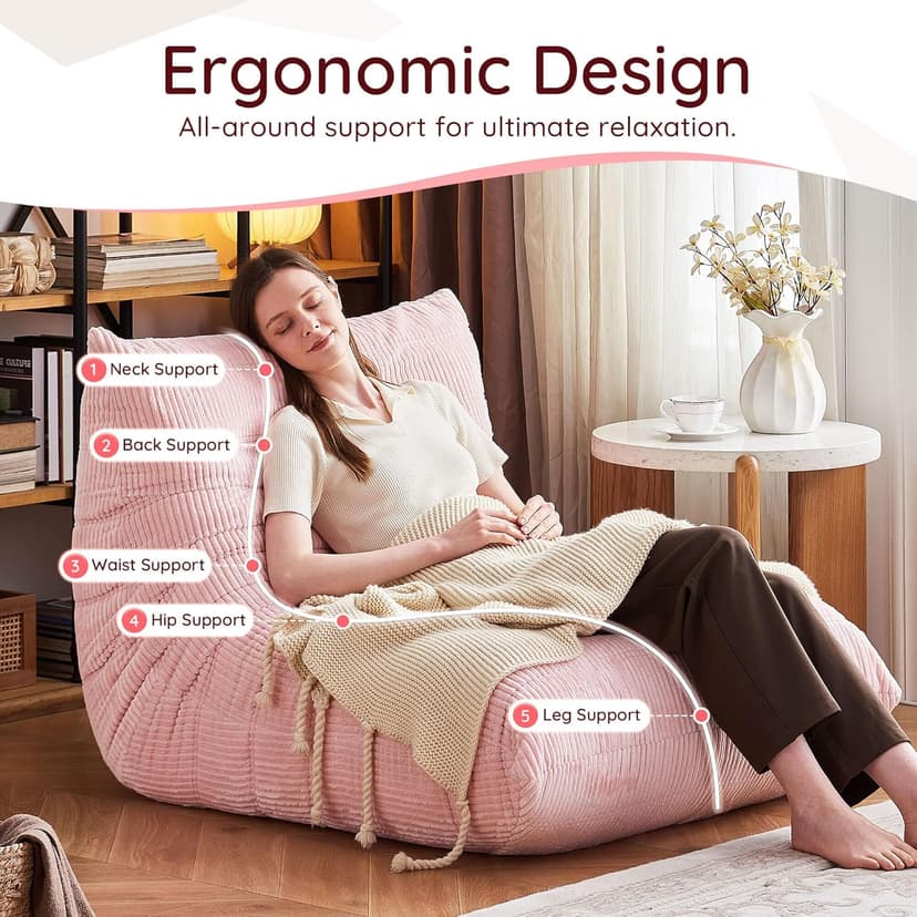 Bean Bag Chair for Adults - Large Bean Bag Chairs, Memory Foam Bean Bag with High-Rebound, Oversized Corduroy Boneless Chair, Lazy Floor Sofa for Reading Gaming Living Room Bedroom, Pink
