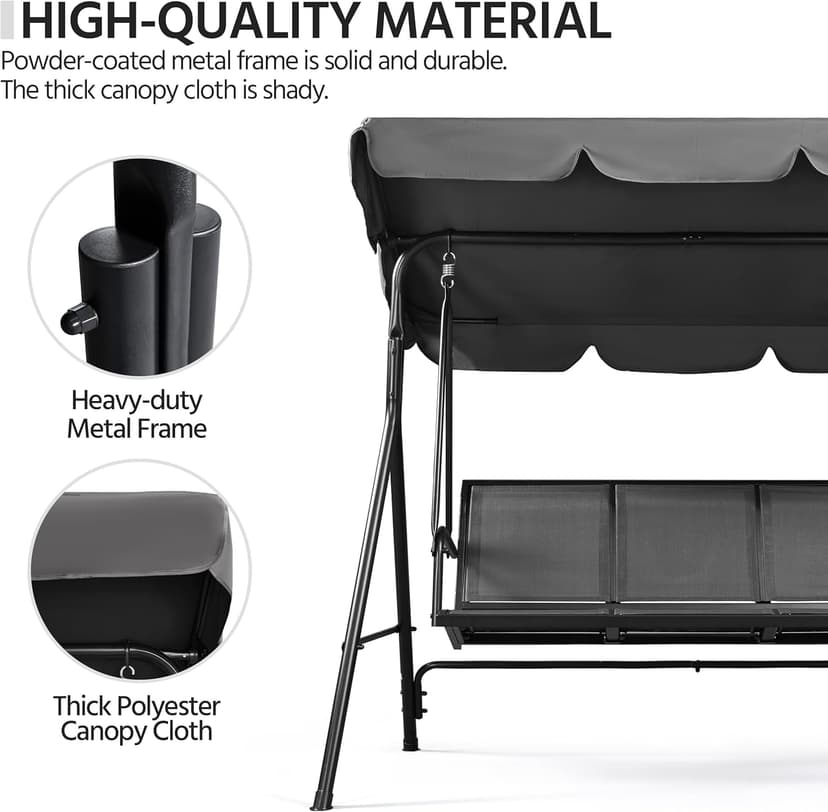 Yaheetech Outdoor Patio Swing Chair, 3-Seat Patio Sunset Hanging Swing Glider w/Adjustable Canopy & Texteline Fabric & Armrests, Outdoor Love Seat Bench for Patio/Garden/Yard/Porch, Gray
