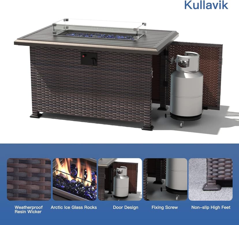 Kullavik 13 Pieces Outdoor Patio Furniture Set with 43" 55000BTU Gas Propane Fire Pit Table PE Wicker Rattan Sectional Sofa Patio Conversation Sets,Grey