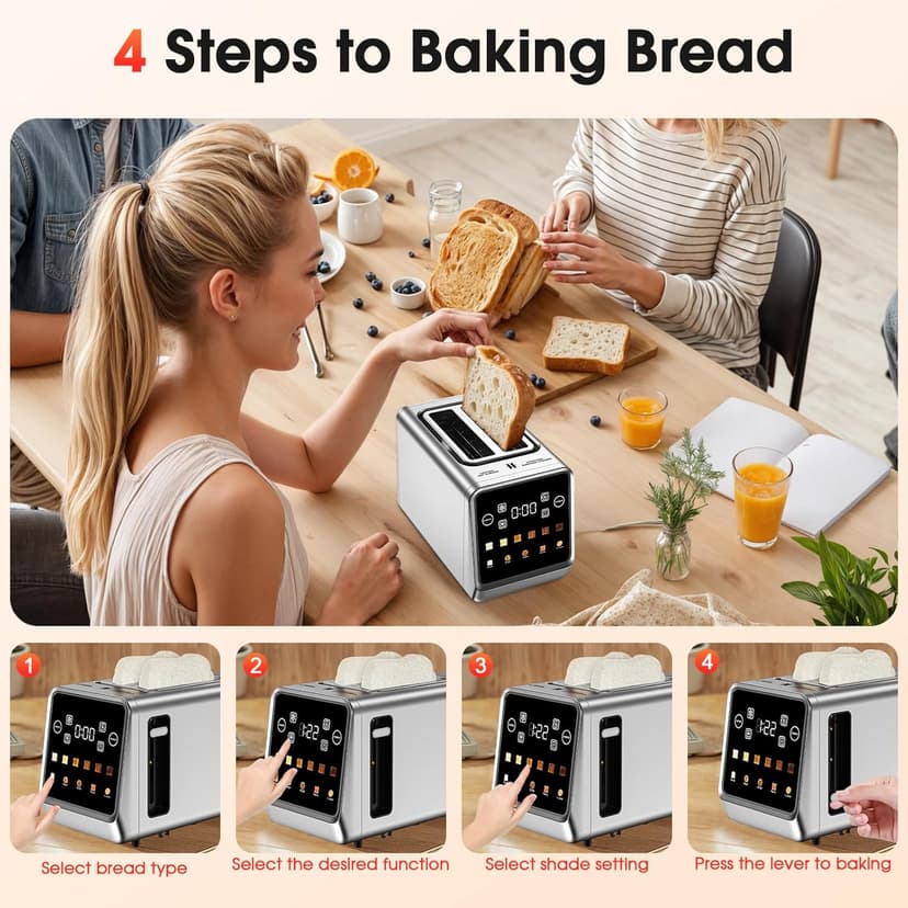 2 Slice Toaster Touch Screen with 1.5" Wide Slots & Memory Recall | 900W Fast Even Toast | LCD Display + 6 Shade Settings for Bagels & Thick Bread