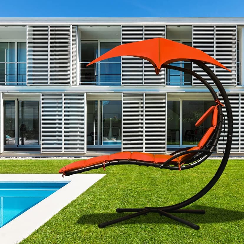 Giantex Hanging Chaise Lounger Chair, Arc Stand Porch Swing Chair w/Canopy, Cushion Built-in Pillow, Outdoor Freestanding Swing Hammock Chair for Patio Poolside Backyard Garden (Orange)