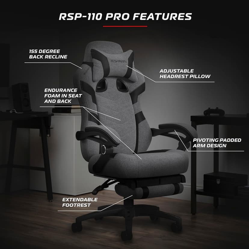 RESPAWN 110 Pro Gaming Chair - Gaming Chair with Footrest, Reclining Gaming Chair, Video Gaming Computer Desk Chair, Adjustable Desk Chair, Gaming Chairs for Adults with Headrest Pillow - Grey Fabric