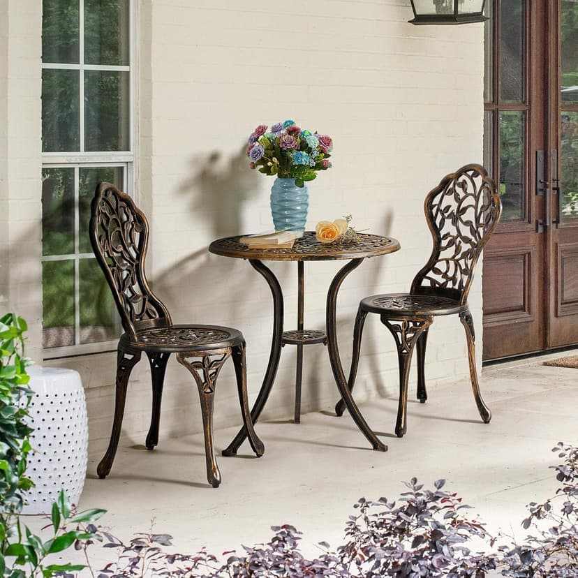 Yaheetech 3-Piece Outdoor Bistro Set w/Leaf Design, Rust-Resistant Cast Aluminum Table and Chairs for Balcony Backyard Garden