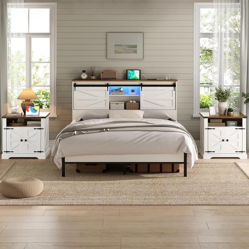 HOOBRO Farmhouse End Table with Charging Station, 23.6" Large End Tables for Living Room, Sofa Side Table with Barn Door, Wooden Square Nightstand Bedside Table, Flip Top, White and Walnut WH601UBZ01