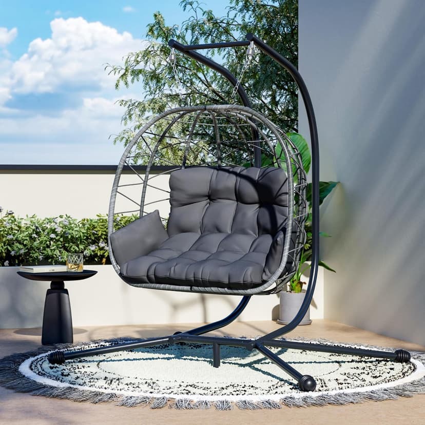 Pamapic Double Egg Chair wth Stand, 700 LBS Loveseat Rattan Swing Chair, UV Resistant Cushions with Armrests and Headrest, Thick Steel Frame Hammock Swing for Outdoor, Patio, Indoor(Grey)