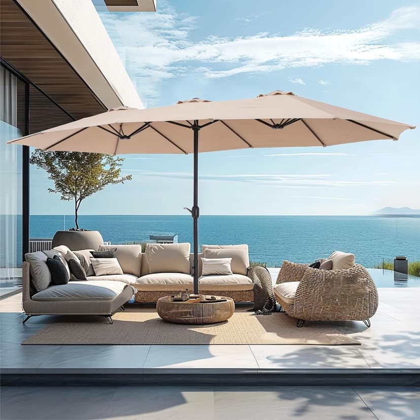 PHI VILLA 15ft Large Patio Umbrellas with Base Included, Outdoor Double-Sided Rectangle Market Umbrella with Stand, Outside Umbrellas for Poolside Lawn Backyard, Beige