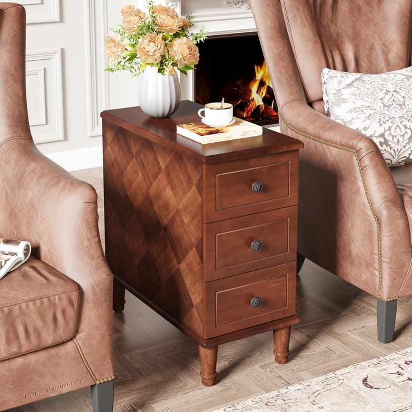 Tribesigns Solid Wood End Table, Fully Assembled Narrow Side Table with Drawers, Pre-Assembled Nightstand Slim Bedside Table for Small Spaces, Living Room, Bedroom, Brown