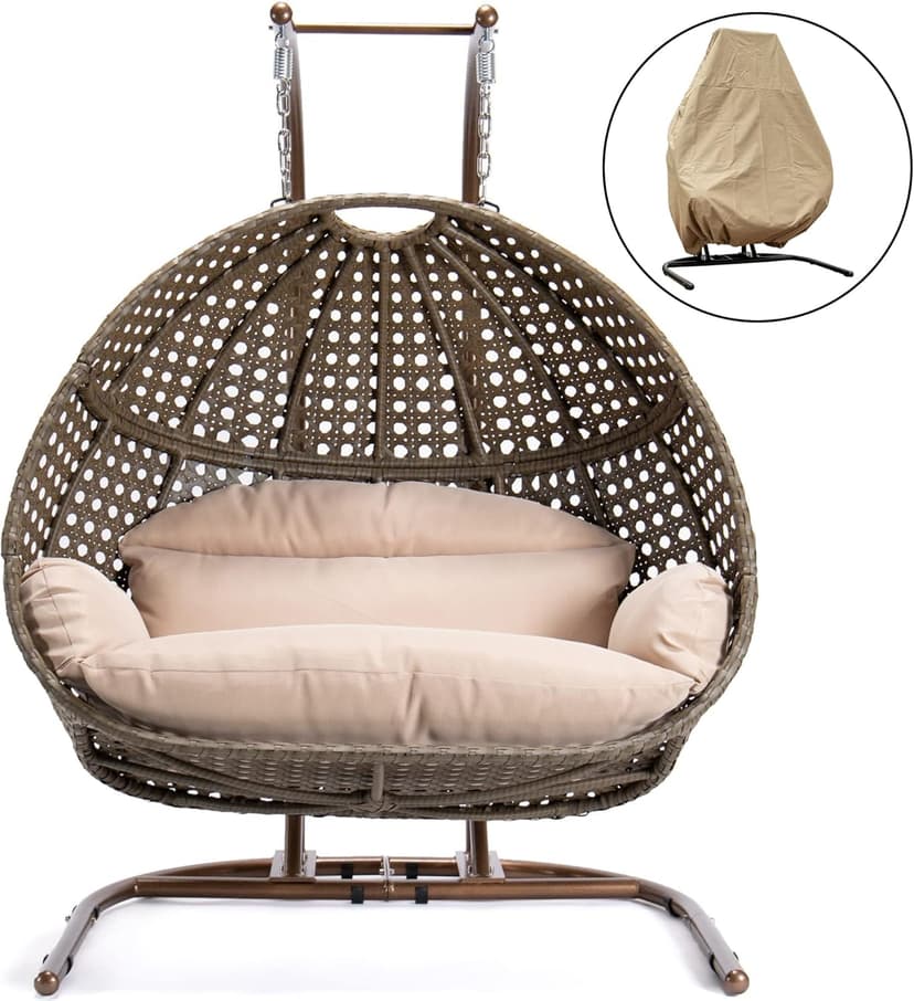 Qwork Double Egg Chair with Stand,2 Person Wicker Rattan Hanging Swing Chair, Hammock Swing Chair UV Resistant Cushion with Stand for Indoor Bedroom Outdoor Garden Backyard