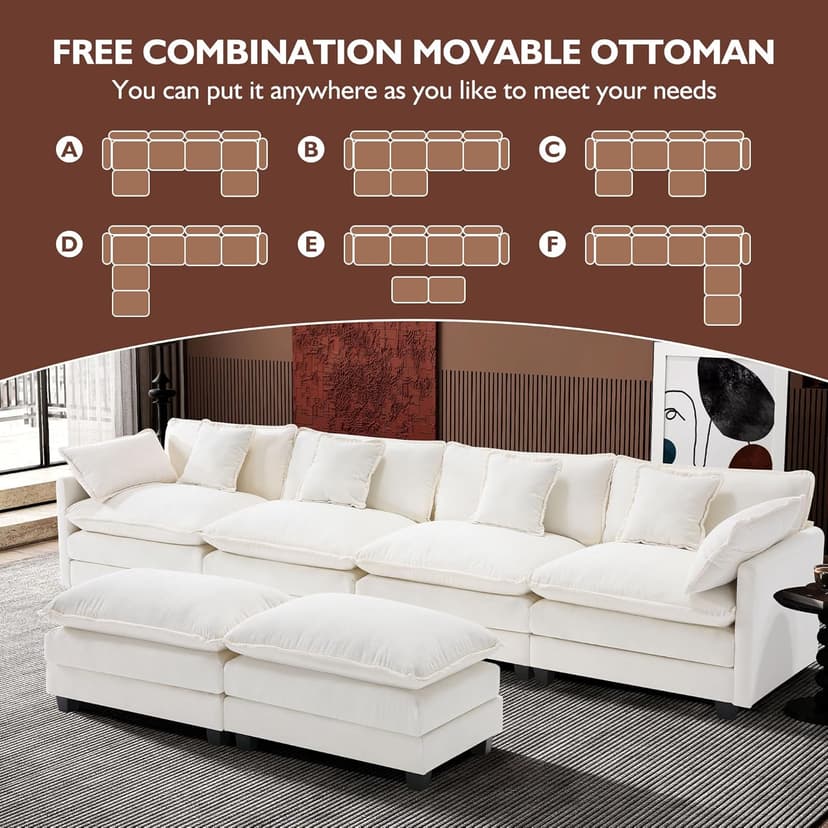 Ihanherry 146" U-Shaped Modern Sofa Modular Sectional Cloud Couch with 2 Ottoman, 6-Seat Chenille Deep Seat Sofa with 6 Pillows for Living Room, Bedroom and Apartment, Beige