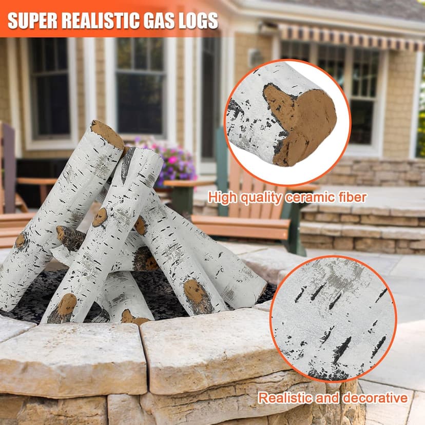 QuliMetal 6PCS Ceramic White Birch Gas Fireplace Logs Set – Realistic Fake Wood Logs for Indoor Inserts, Outdoor Fire Pits, Vented, Propane, Gel, Ethanol, and Electric Fireplaces