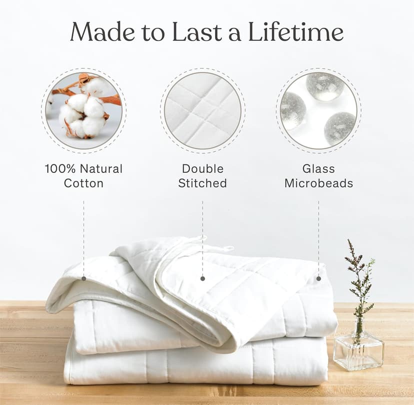 Baloo Weighted Blanket for Adults 12 lb Throw (Pebble White, 42"x72") | Cool & 100% Cotton | Machine Washable & Dryer Safe | Glass Microbead Fill