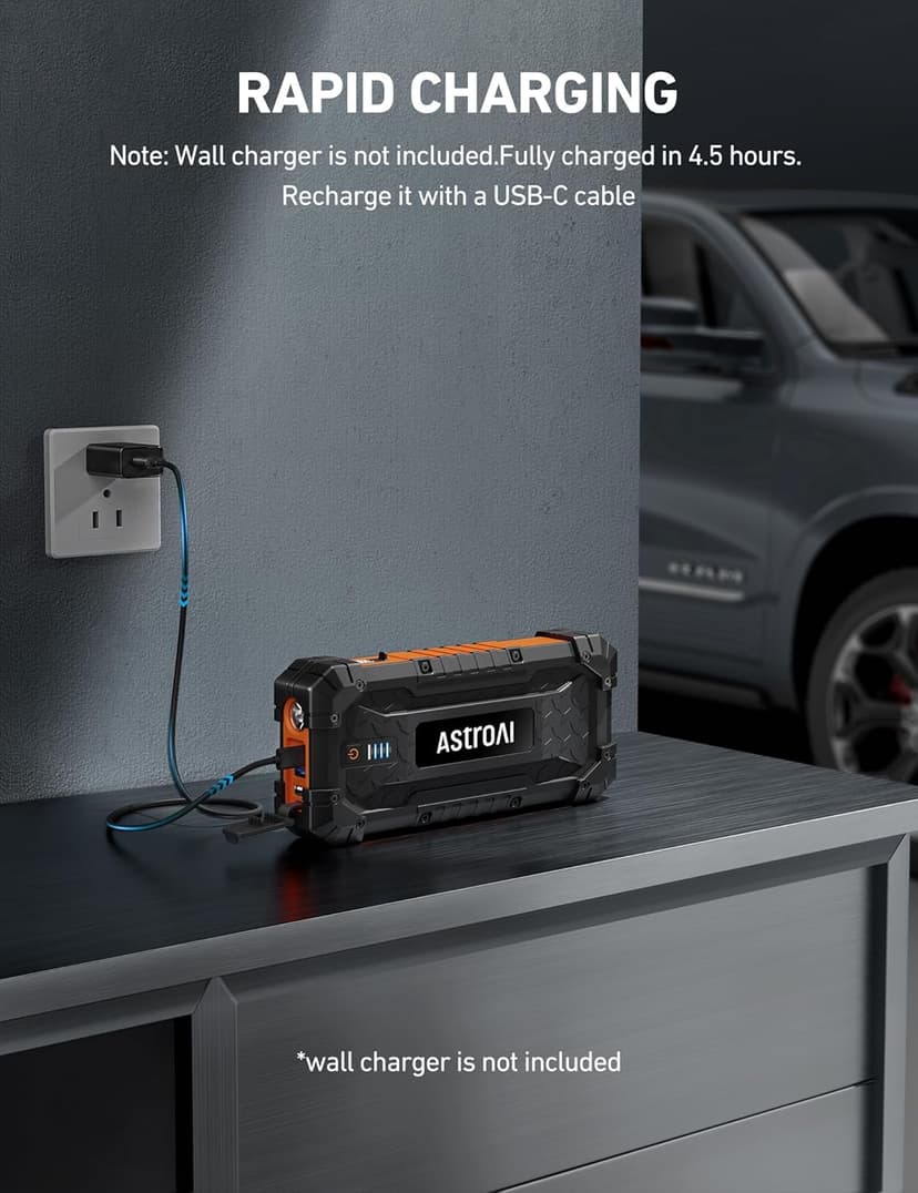 AstroAI S8 Ultra 4000A Jump Starter, 24000mAh Car Starter(All Gas, Up to 12L Diesel Engine), 12V Auto Battery Booster Pack, Jump Box with USB Quick Charge and DC/Type C Port, LED Light, Jumper Cable