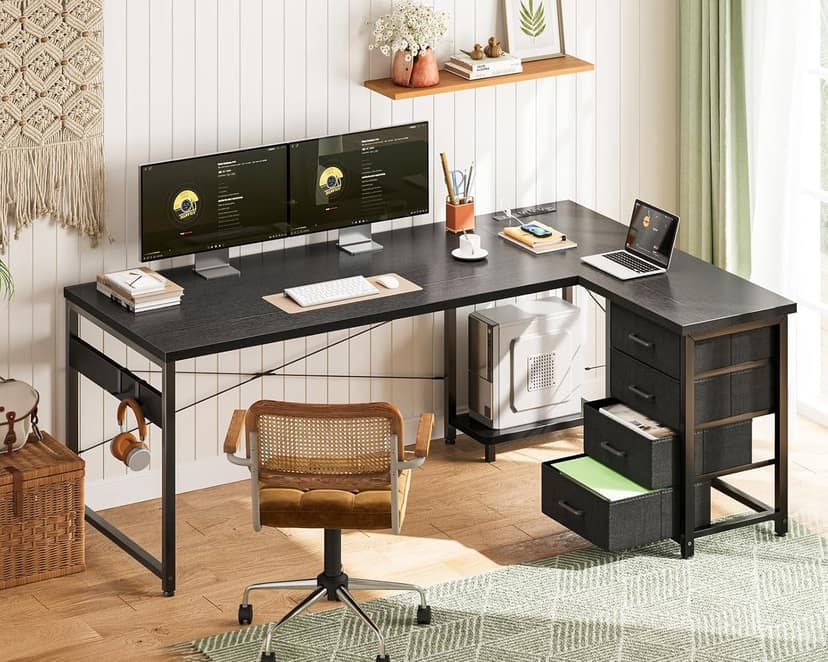 AODK L Shaped Gaming Desk with 4 Drawers, 61" Reversible Home Office Desks with Power Outlets, L Shaped Computer Desk with USB Charging Port and Host Stand, Corner Desk, Easy to Assemble, Black