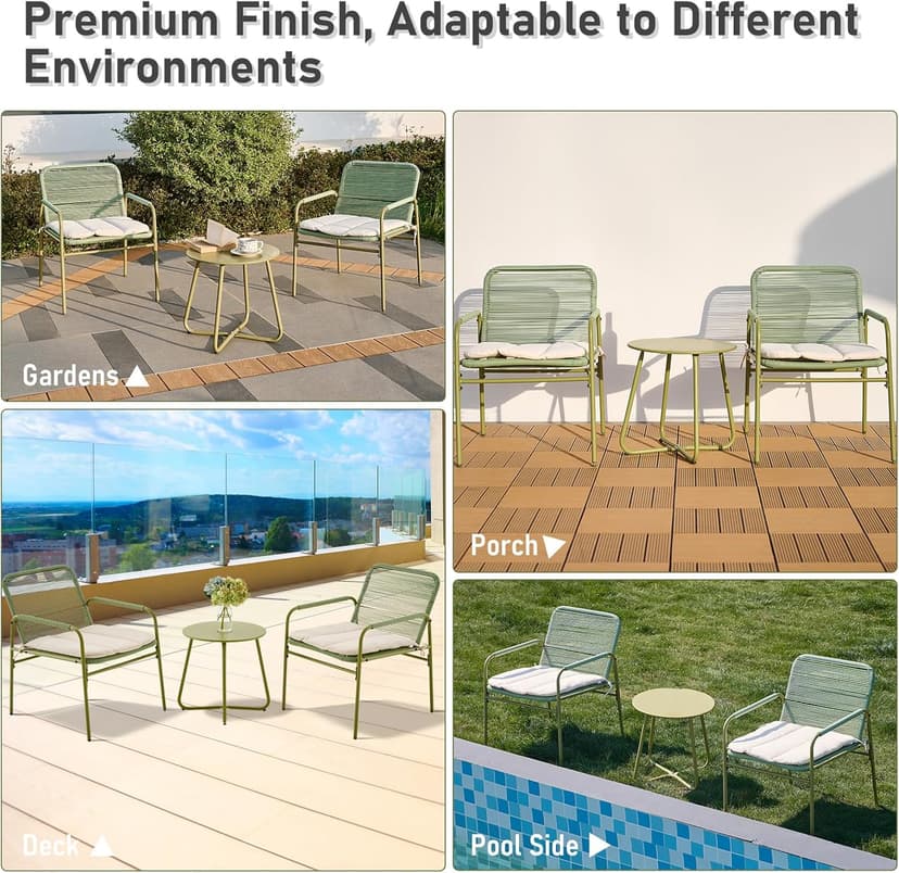 3-Piece Outdoor Wicker Patio Bistro Set, All-Weather Rattan Conversation Set with Round Side Table, Patio Furniture Set with Cushions for Deck, Balcony, Poolside, Porch and Yard, Green