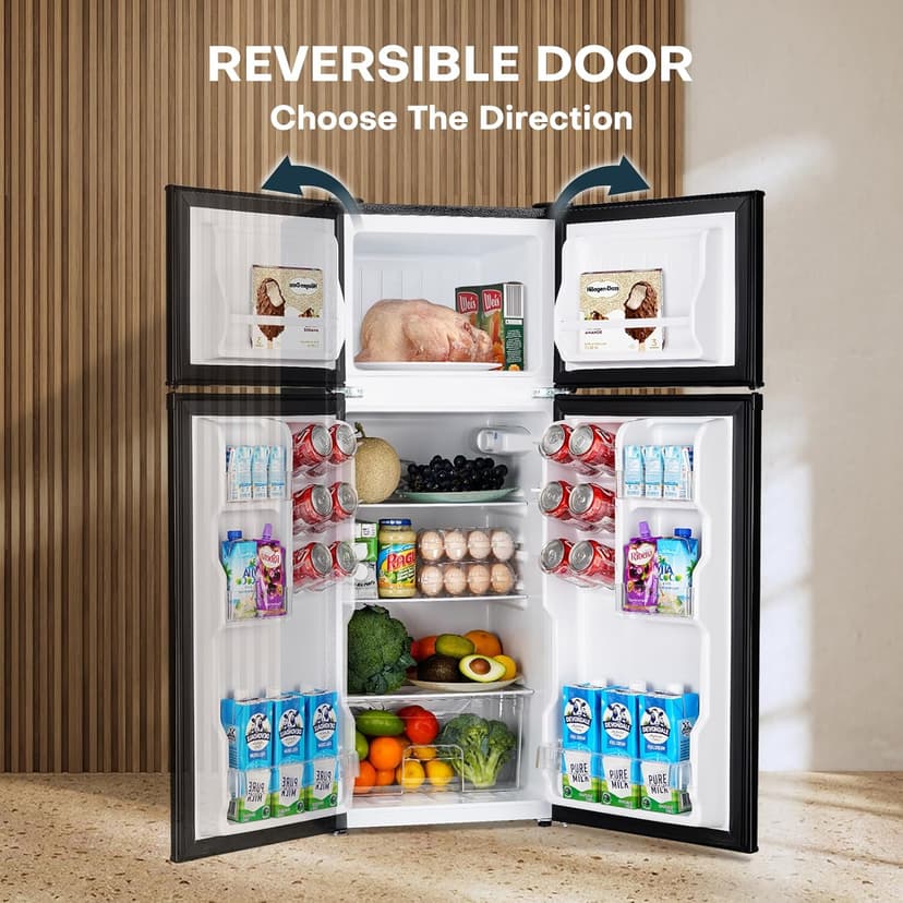 Upstreman 4.0 Cu.Ft. Mini Fridge with Freezer, Dorm Essentials, Double Door, Small Refrigerator for Office, Dorm, Bedroom, Adjustable Thermostat, Large Capacity, Stainless-SR401