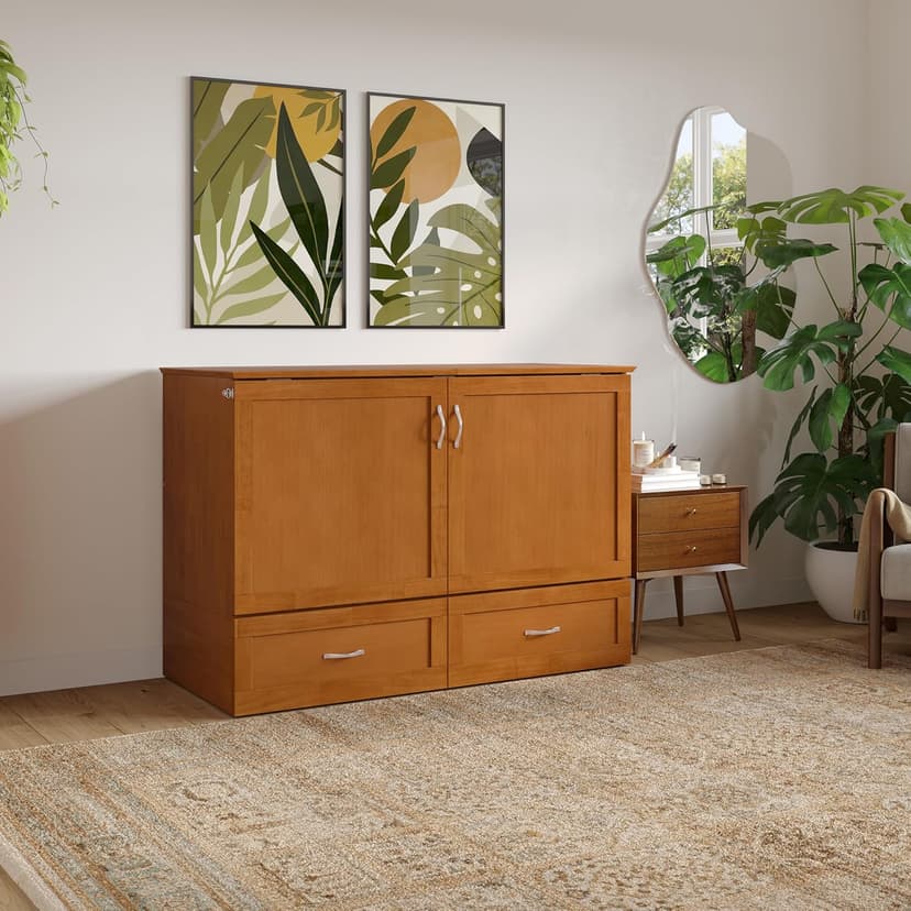 AFI Hamilton Full Murphy Bed Chest with Mattress, Storage, and Built-in Charger in Light Toffee