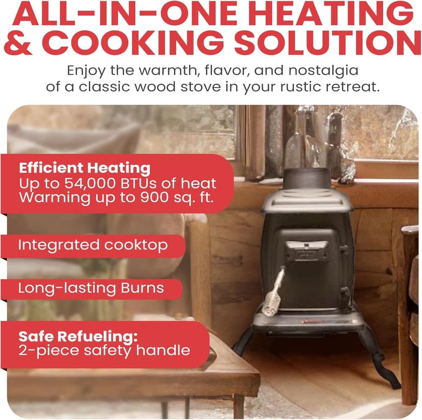 US Stove Company Cast Iron Wood Stove with Cool Touch Safety Handle, Heats up to 54,000 BTUs