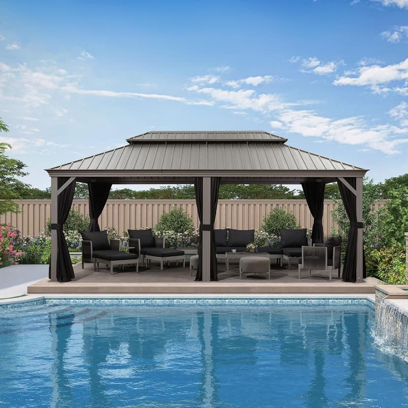 PURPLE LEAF 12' x 20' Permanent Hardtop Gazebo with Galvanized Steel Double Roof and Aluminum Frames Outdoor Large Pavilion Gazebo for Patio Deck Garden, Netting and Curtains Included, Light Grey