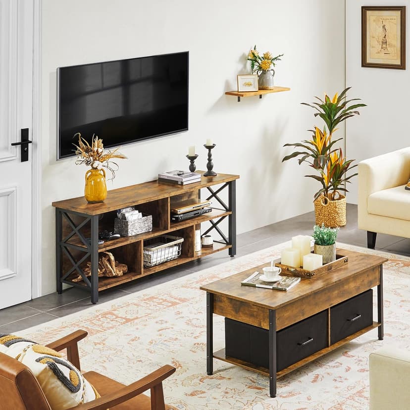 Yaheetech TV Stand for Living Room, Industrial Entertainment Center for 65 Inch TV, Rustic TV Console Stand with Storage Cabinets Wood and Metal, Rustic Brown