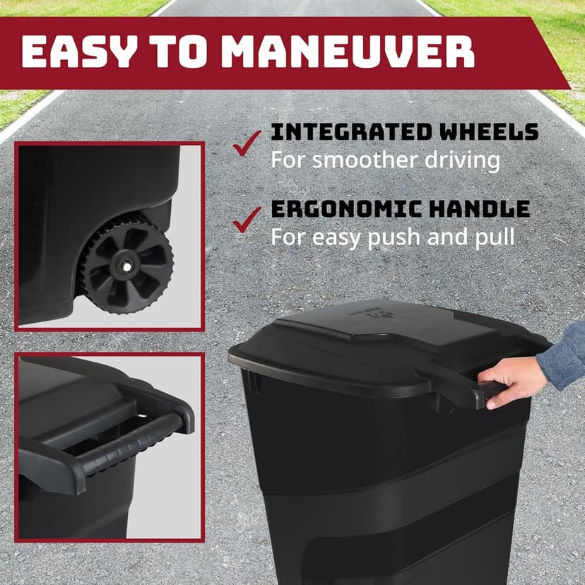 Trash Can With Lid - Ultimate Strength 32 Gallon Wheeled Garbage Can Trash Container - Professional Grade Outdoor Waste Bin with Secure Snap Lid and Ergonomic Handles, Outdoor Recycling Bins, 2 Pack